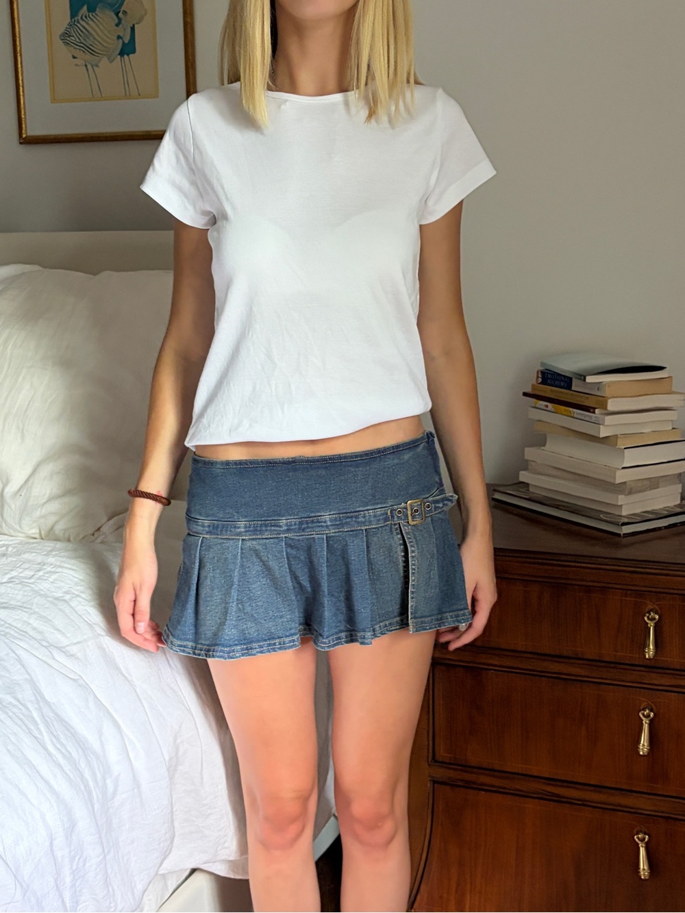 Pleated Denim Mini Skirt with Side Buckle - Blue